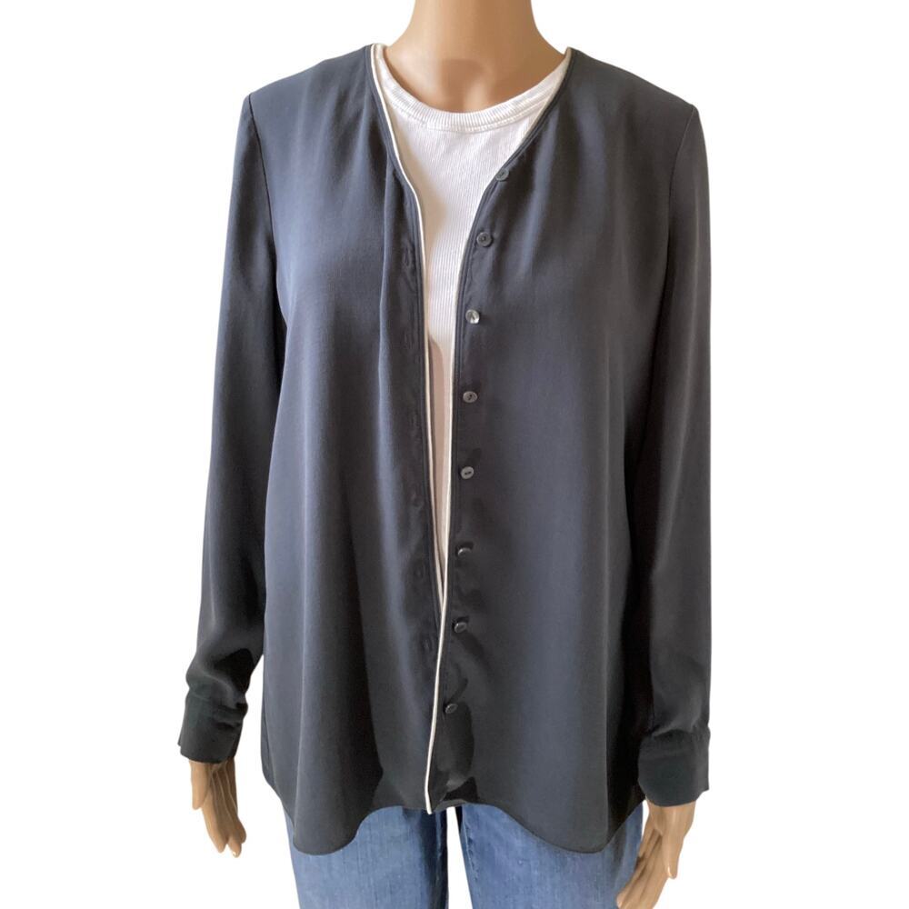 Eileen Fisher Silk Long Sleeve Dark Grey Blouse With Off White Trim